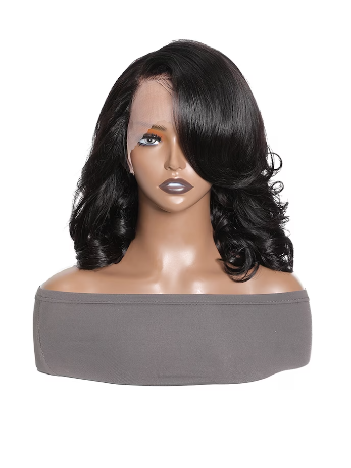 Yoody hair Feather Bangs Wave Bob Wig Human Hair Transparent Lace Front Wig